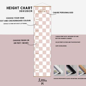 Checkerboard Height Chart, more colours available - can be personalised. Comes ready to hang with wooden hanger, choose CM or FT/Inches