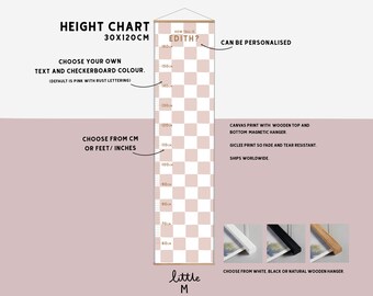 Checkerboard Height Chart, more colours available - can be personalised. Comes ready to hang with wooden hanger, choose CM or FT/Inches
