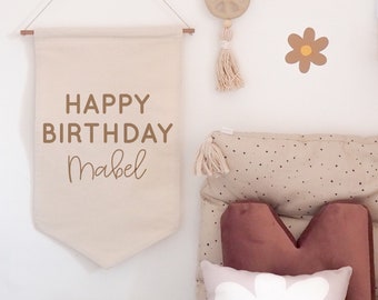 Personalised Happy Birthday Hanging Banner Script Font 26x50cm more lettering colours available