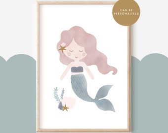Mermaid Print, Can Be Personalised, Under The Sea Art, Mermaid Art, Girls Room Art, Foiled Print, Girls Nursery Art, Mermaid Picture,