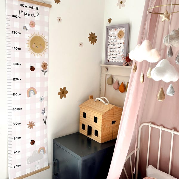 Sunshine and Rainbow Gingham Height Chart - can be personalised. Comes ready to hang with wooden hanger, choose CM or FT/Inches