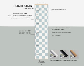 Checkerboard Height Chart, more colours available - can be personalised. Comes ready to hang with wooden hanger, choose CM or FT/Inches