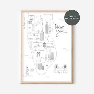 New York Map Print Can Be Personalised, NYC Print , NY Map, Map Illustration, Travel Print, NY Engagement Gift, Scandi Home Gift, image 1