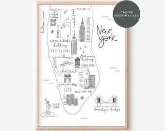 New York Map Print | Can Be Personalised, NYC Print , NY Map, Map Illustration, Travel Print, NY Engagement Gift, Scandi Home Gift,