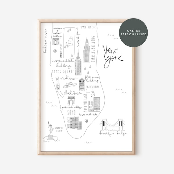 New York Map Print | Can Be Personalised, NYC Print , NY Map, Map Illustration, Travel Print, NY Engagement Gift, Scandi Home Gift,