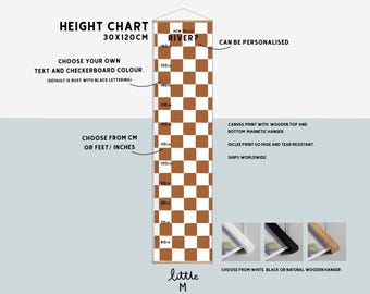 Checkerboard Height Chart, more colours available - can be personalised. Comes ready to hang with wooden hanger, choose CM or FT/Inches
