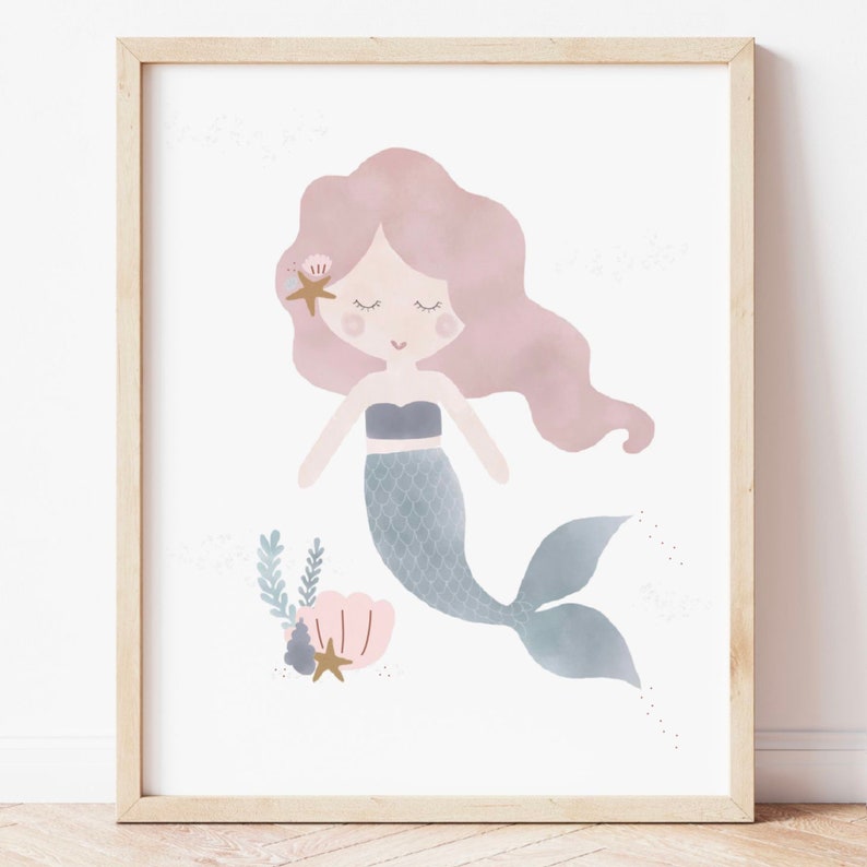 May include: A watercolour illustration of a mermaid with pink hair, a blue tail, and a seashell. The mermaid is surrounded by seaweed and a starfish.