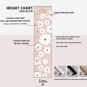 Daisy bloemenhoogtetabel, meer kleuren beschikbaar - kan worden gepersonaliseerd. Klaar om op te hangen met houten hanger, kies CM of FT/inch