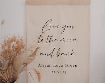 Love You To The Moon And Back Script Personalised Wall Hanging - 50x70cm. More hanging options available