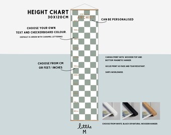 Checkerboard Height Chart, more colours available - can be personalised. Comes ready to hang with wooden hanger, choose CM or FT/Inches