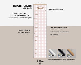 Gingham Height Chart, more colours available - can be personalised. Comes ready to hang with wooden hanger, choose CM or FT/Inches