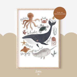 May include: A watercolor illustration of various sea creatures, including a whale, octopus, crab, turtle, starfish, stingray, narwhal, and jellyfish. The illustration is in shades of brown, blue, and gray, with the text "Can be personalised" in the top right corner.