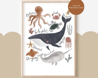 Under The Sea Art, Rust Earthy Nursery, Nautical Print, Whale Art, Narwhal, Octopus, Boys Wall Art, Girls Room Art, Neutral Nursery, Animal