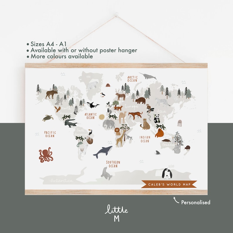 May include: A white world map with a gray background and illustrations of animals from different continents. The map includes the names of the oceans and continents. The text "Caleb's World Map" is at the bottom of the map. The map is framed with a light brown frame.