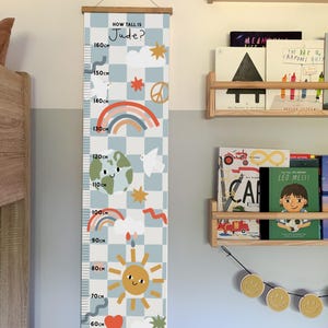 Sunshine and Rainbow Checkerboard Height Chart - can be personalised. Comes ready to hang with wooden hanger, choose CM or FT/Inches