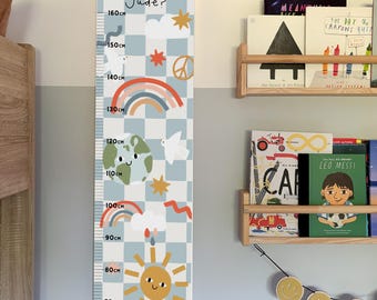 Sunshine and Rainbow Checkerboard Height Chart - can be personalised. Comes ready to hang with wooden hanger, choose CM or FT/Inches