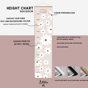 Daisy Floral Height Chart Beige,more colours available - can be personalised. Comes ready to hang with wooden hanger, choose CM or FT/Inches