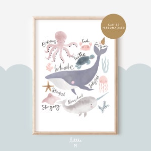 Puede incluir: Una ilustración de acuarela de criaturas marinas, incluyendo un pulpo, un cangrejo, una tortuga marina, una ballena, una medusa, una estrella de mar, una raya y un narval. La ilustración está en tonos de rosa, azul y gris, y los nombres de cada criatura están escritos en negro.
