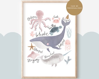 Under The Sea Art, Nautical Print, Whale Art, Narwhal, Octopus, Boys Wall Art, Girls Room Art, Foiled Print, Girls Nursery Art