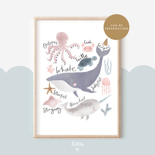 Arte Submarina, Impressão Náutica, Arte de Baleia, Narval, Polvo, Arte de Parede para Meninos, Arte para Quarto de Meninas, Impressão com Detalhes Metalizados, Arte para Quarto Infantil de Menina