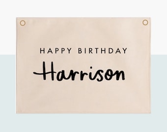 Personalised Happy Birthday Wall Hanging hand lettered version - Custom Name Banner 70x50cm - now available with eyelets