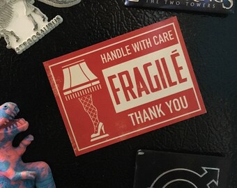 Magnet of FRAGILE mailing label - A Christmas Story, leg lamp, stocking stuffer