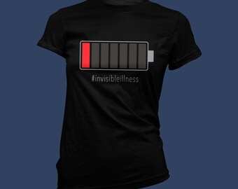 CUSTOMIZABLE Battery Run Down Femme short sleeve T-Shirt on Black - Invisible Illness, disability