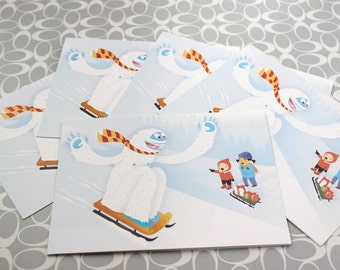 Sledding Yeti Blank Greeting Card - single or packs!