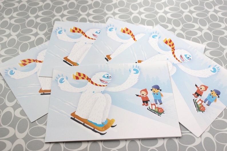 Sledding Yeti Blank Greeting Card single or packs image 1