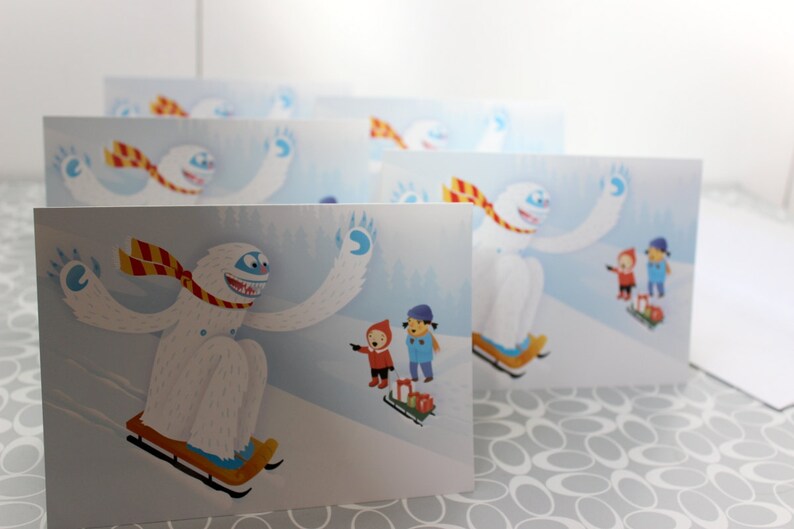 Sledding Yeti Blank Greeting Card single or packs image 2