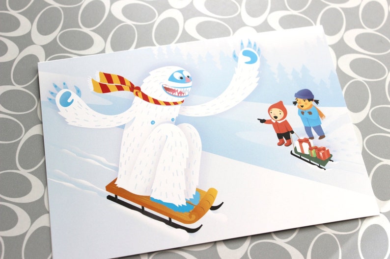 Sledding Yeti Blank Greeting Card single or packs image 3