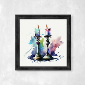 Shabbat Candlesticks Watercolor Art Print: Jewish Home Decor