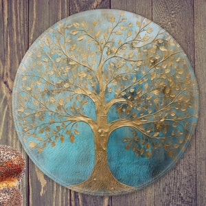 Glass Challah Board Round - Tree of Life, Etz Chaim Gold Colored Design, Tempered Glass 11.8", great for Shabbat dinners or as a gift