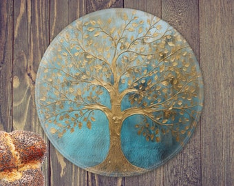 Tree of Life Glass Challah Board: Gold Etz Chaim Design (11.8")