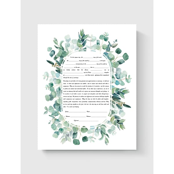 Ketubah - Eucalyptus design, multiple texts, Fast Shipping, budget friendly, for Jewish Wedding