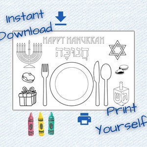 Happy Hanukkah placemat for coloring, digital download and print activity for the kids during the Jewish holiday