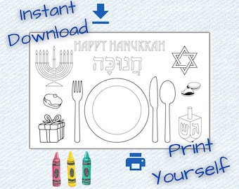 Happy Hanukkah placemat for coloring, digital download and print activity for the kids during the Jewish holiday