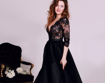 Black lace deep V-neck wedding dress with 3/4 sleeves