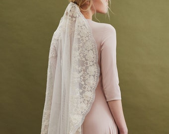 Beige scalloped edge blusher wedding veil with floral embroidery