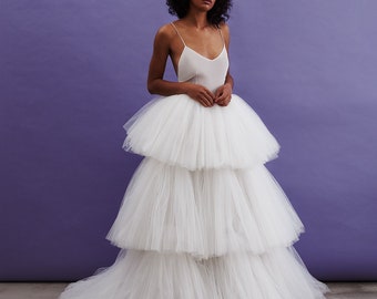 Fashionable wedding dress with tiered tulle skirt and plain bodice