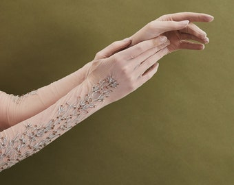 Long sheer soft tulle wedding gloves with embroidery and crystals