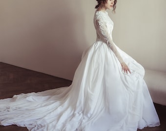 Embroidered Illusion Bodice Wedding Dress, Sheer Long Sleeve Wedding Dress, Ball Gown Wedding Dress, Modest Off-white Wedding Dress
