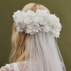 Soft tulle two tier wedding veil with hand-sewn textile headpiece