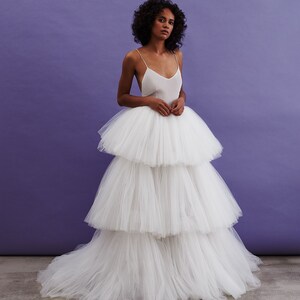 Fashionable wedding dress with tiered tulle skirt and plain bodice