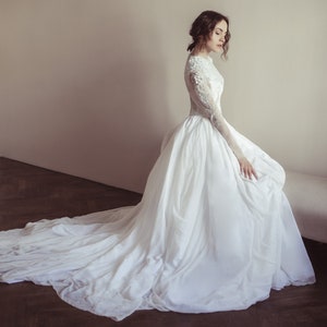 Embroidered Illusion Bodice Wedding Dress, Sheer Long Sleeve Wedding Dress, Ball Gown Wedding Dress, Modest Off-white Wedding Dress