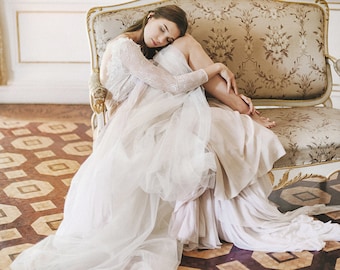 Lilac open back wedding gown with hand-cut lace appliques
