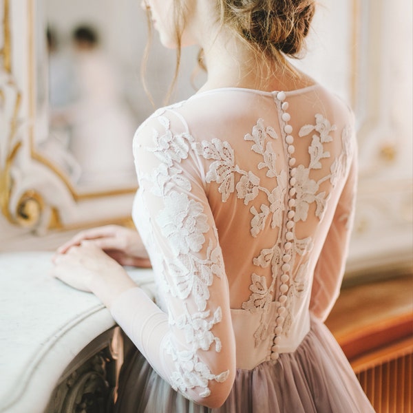 Lavender Glittery Lace Puffy Sleeves Party / Wedding Dress For Women