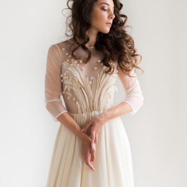 Illusion Neckline Wedding Dress, Sheer Wedding Dress, A-line Wedding Dress, Ivory Wedding Dress, Silk Wedding Dress