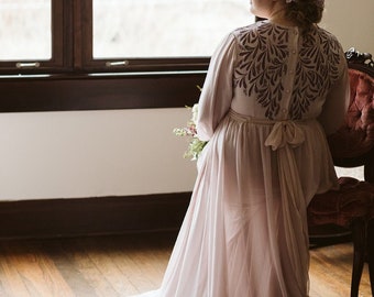 Plus size rustic wedding dress with hand-painted bishop sleeve bodice