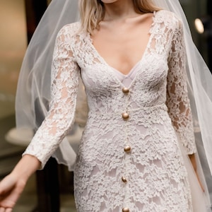 Vintage Inspired Wedding Dress, Beige Wedding Dress, Lace Wedding Dress, V-Neck Wedding Dress